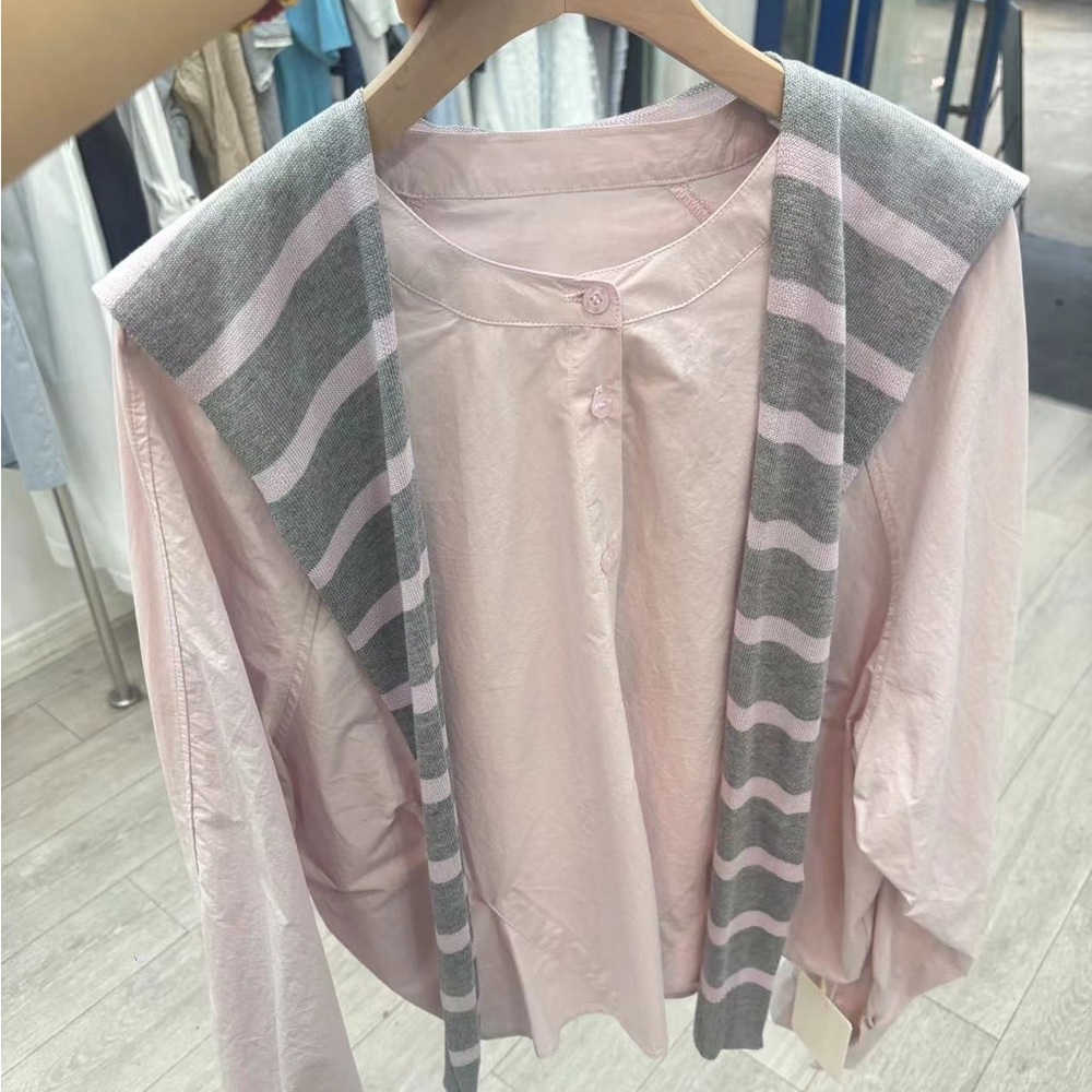 Pink Blouse with Striped Scarf